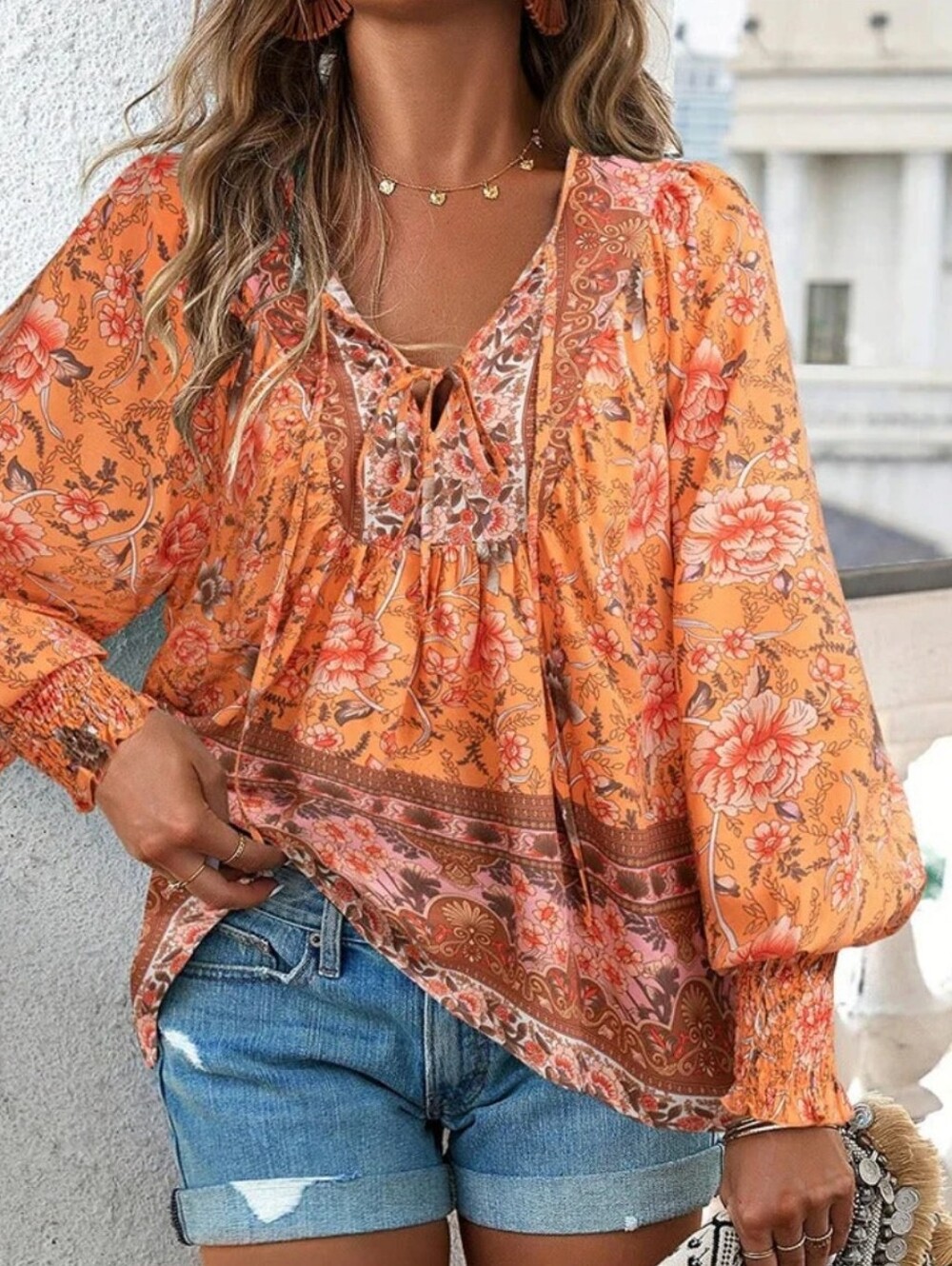 Miss Sparkling Boho Floral Peasant Blouse Size Medium Orange Long Sleeve